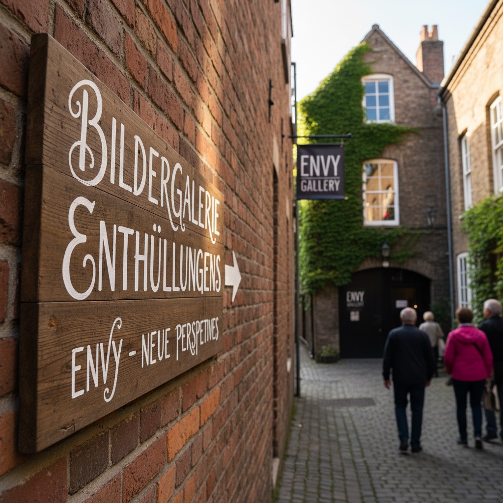Ein hölzernes Hinweisschild an einer Backsteinmauer weist den Weg zur Envy Gallery, während im Hintergrund Menschen durch eine gepflasterte Gasse gehen.